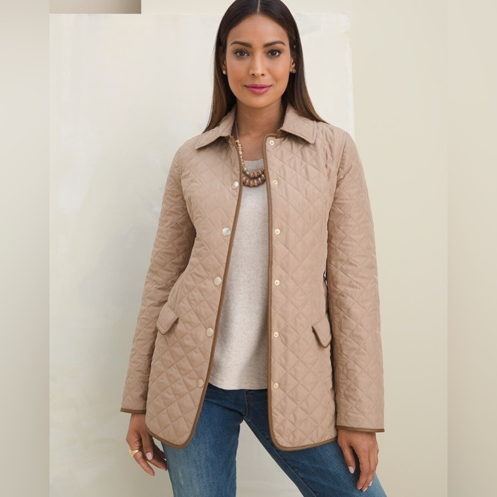Chico’s Faux-Leather Trim Puffer Jacket Tan/Beige Button Down Jacket
